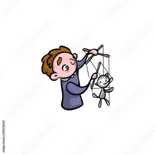 Puppeteer with an animal puppet. Raster illustration in flat cartoon style