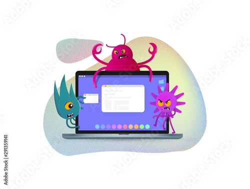 Internet viruses have attack of computer. Cyber crime vector illustration. Viral cartoon characters on laptop screen