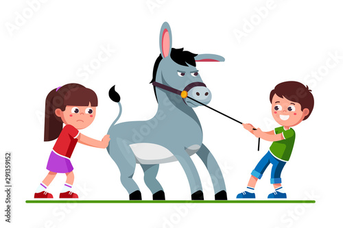 Boy pulling donkey on reins and girl pushing it