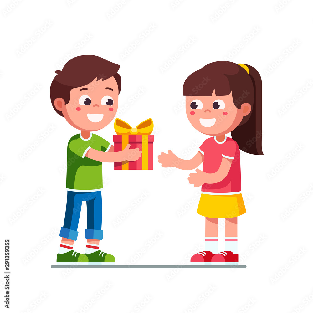 Boy kid giving girl birthday ribbon bow gift box Boy kid giving girl birthday ribbon bow gift box