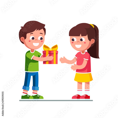 Boy kid giving girl birthday ribbon bow gift box