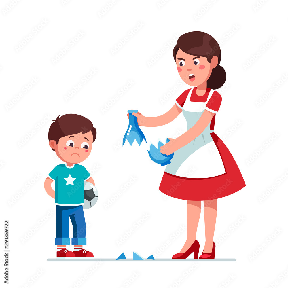 Angry mother scolding son kid for breaking vase Angry mother scolding son kid for breaking vase