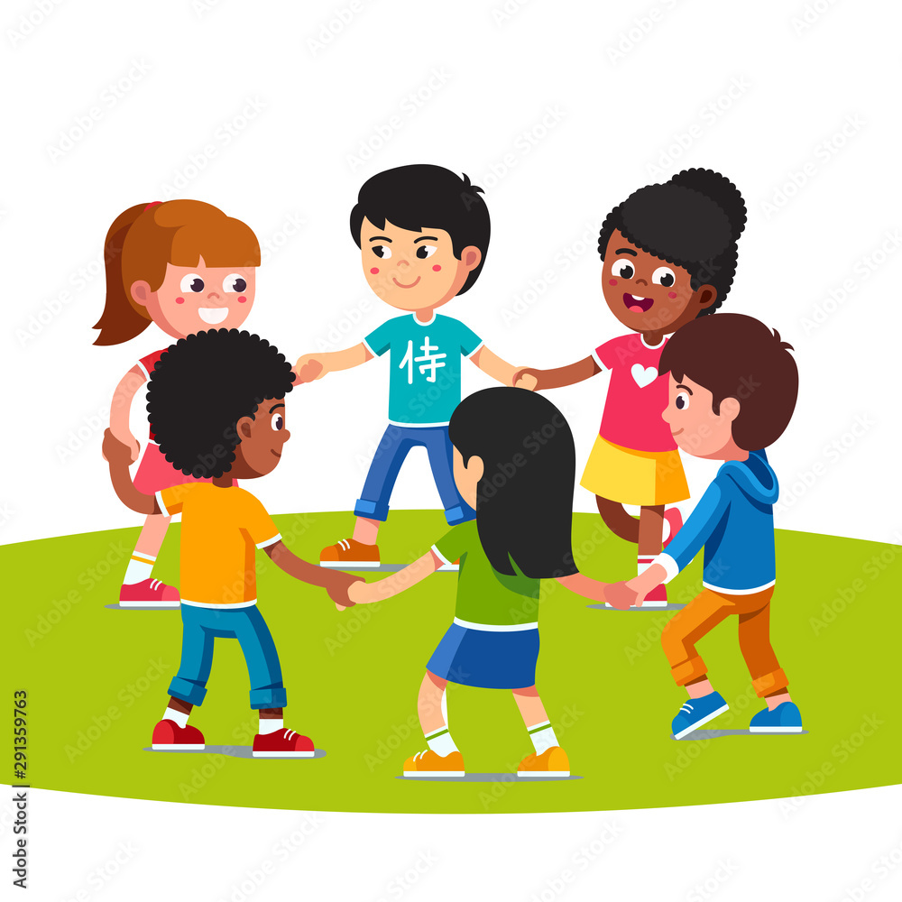 Multiracial kids walking in round holding hands Multiracial kids walking in round holding hands