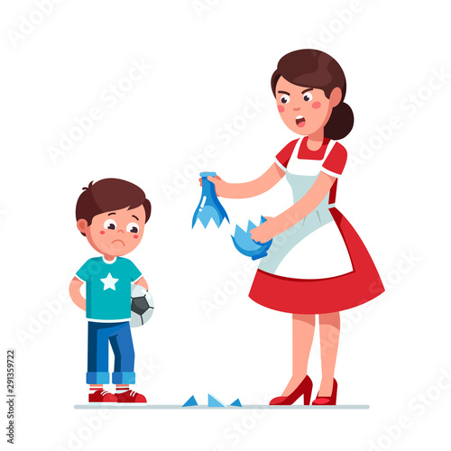 Angry mother scolding son kid for breaking vase