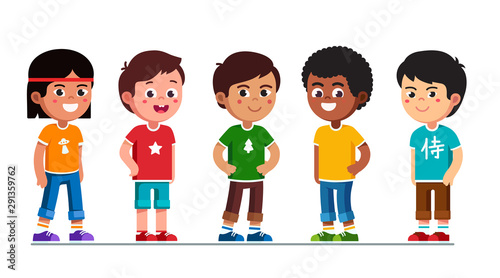 Happy multiethnic preschool boys standing in line
