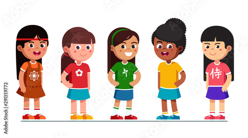 Happy multiethnic preschool girls standing in line