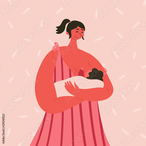 Breast feeding happy woman with baby on her hands. Girl in madonna pose feeds her babe with mother milk. Decision of natural breastfeeding. Vector cartoon flat illustration