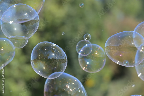 Soap bubbles in front of a green background. 