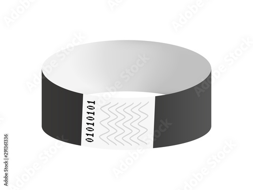 Vector illustration of black cheap empty bracelet or wristband. Sticky hand entrance event paper bracelet isolated on white. Template or mock up suitable for various uses of identification.