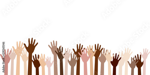 Raised up hands of different skin color vector illustration. Teamwork, collaboration, voting, volunteering concert. Diversity of human hands raised. Charity, crowd, workforce, community concept.