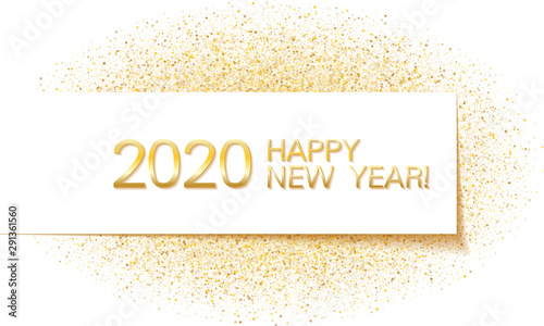 2020 Happy New Year banner with gold glitter premium shining confetti on white background.