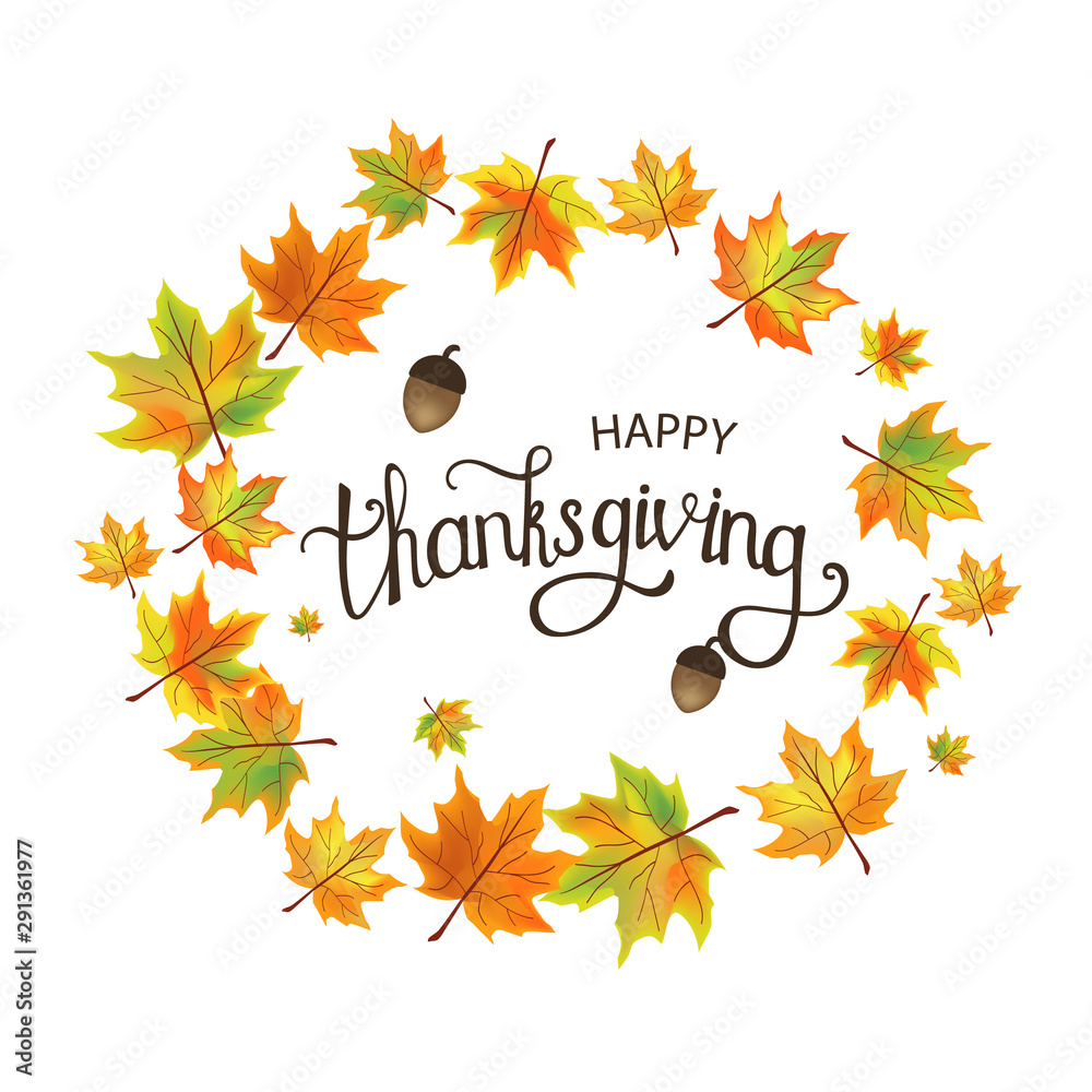 Happy Thanksgiving Day. Typography vector design. Design template. Colorful autumn leaves. Fall Autumn Harvest.