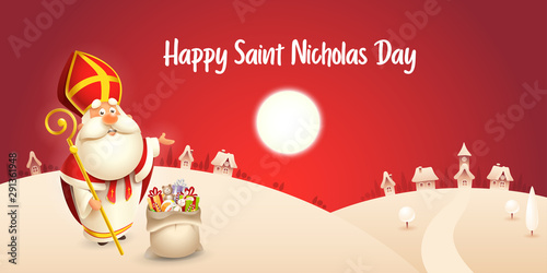 Happy Saint Nicholas day - winter scene greeting card or banner - red night background