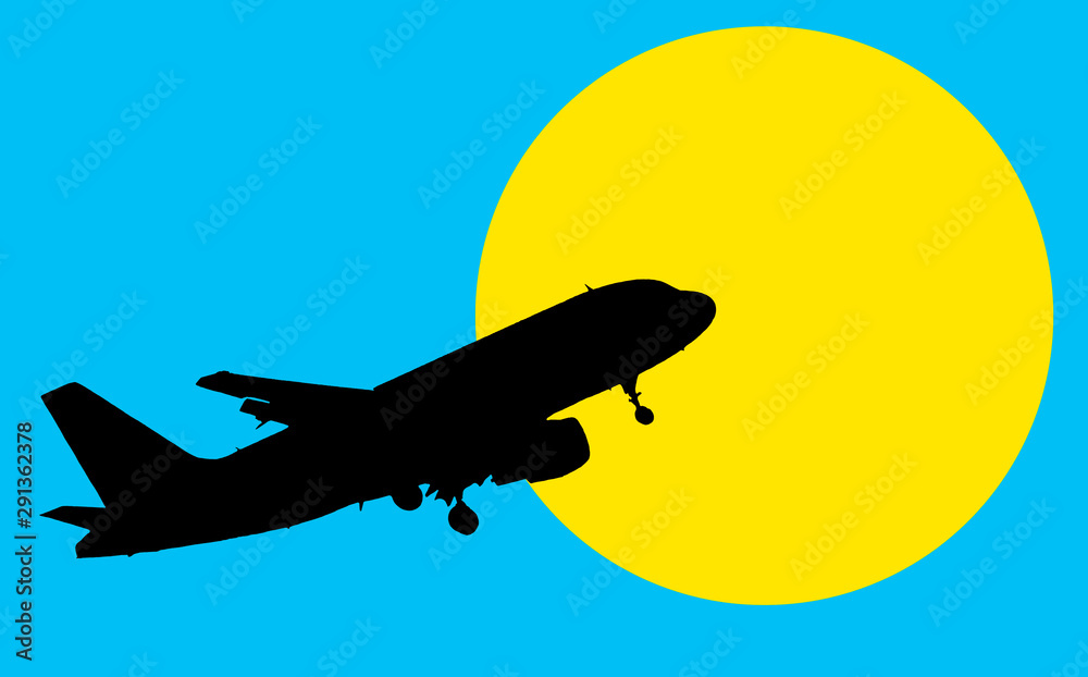 Obraz premium Silhouette of the plane in the blue sky against the background of the yellow sun.