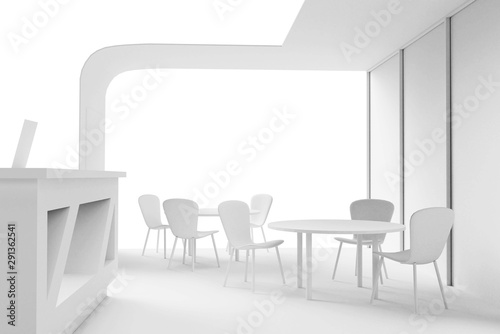 Cafe interior showroom exhibition stand 3d render with table and chairs for clients and visitors