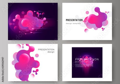 The minimalistic abstract vector illustration of the editable layout of the presentation slides design business templates. Black background with fluid gradient, liquid pink colored geometric element.