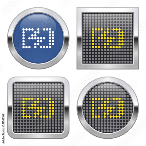 Dotted icon of electric battery charging process on glossy button in four variants