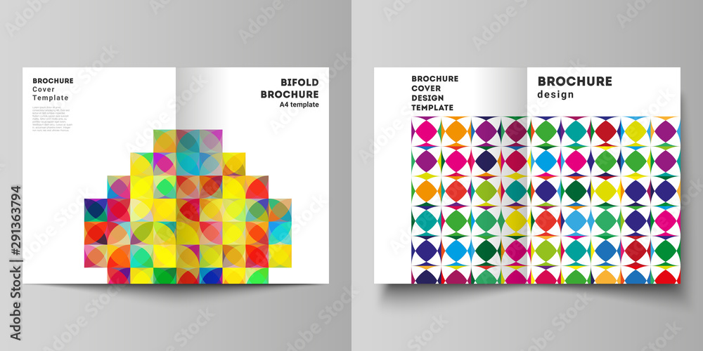 Vector layout of two A4 format modern cover mockups design templates for bifold brochure, flyer, booklet, report. Abstract background, geometric mosaic pattern with bright circles, geometric shapes.