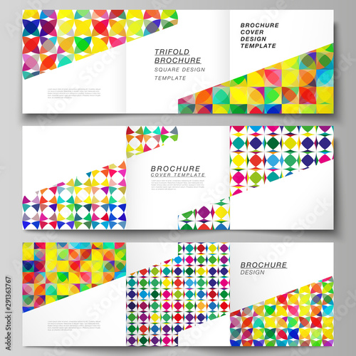 The minimal vector layout of square format covers design templates for trifold brochure, flyer, magazine. Abstract background, geometric mosaic pattern with bright circles, geometric shapes design.