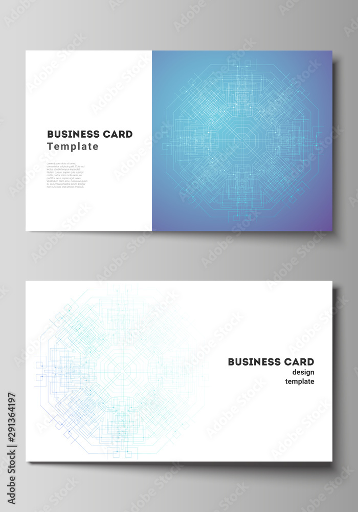 The minimalistic abstract vector illustration layout of two creative business cards design templates. Big Data Visualization, geometric communication background with connected lines and dots.