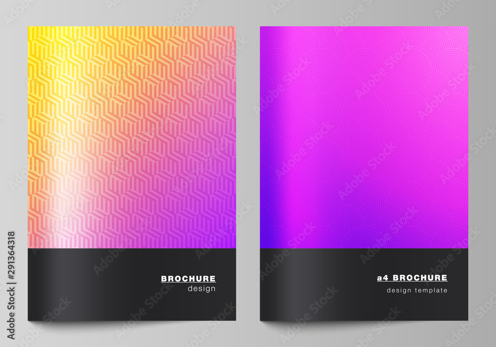 Fototapeta premium Układ wektorowy szablonów projektów nowoczesnych okładek formatu A4 do broszur, magazynów, ulotek, broszur, raportów rocznych. Streszczenie geometryczny wzór z kolorowym gradientowym tłem biznesowym.