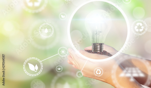 Women's hands holding a light bulb for ecology and renewable energies