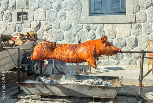 Whole young piglet on spit skewer. Naplavka street food festival. photo