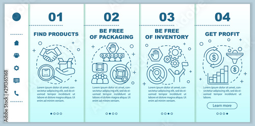 Dropshipping onboarding mobile web pages vector template. Find products. Responsive smartphone website interface idea with linear illustrations. Webpage walkthrough step screens. Color concept