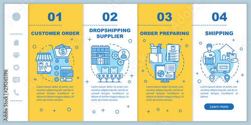 Dropshipping onboarding mobile web pages vector template. Order preparing. Responsive smartphone website interface idea with linear illustrations. Webpage walkthrough step screens. Color concept