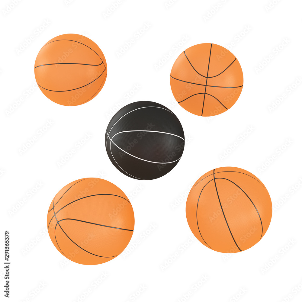 Four orange basketballs and one black ball in the middle on an isolated background. 3D rendering