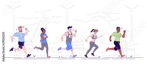Marathon running flat vector illustration. Joggers in park. City footrace. Running competition. Sport activity. Runners on track isolated cartoon character on white background