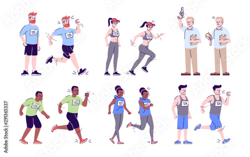 Marathon flat vector illustrations set. Start, finish of endurance contest. Sportswomen, sportsmen running. Сompetitors and judge isolated cartoon characters with outline elements on white background