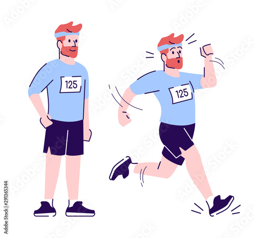 Jogger flat vector illustration. Male athlete, competitor. Endurance contest. Standing, running sportsman. Marathon participant isolated cartoon character with outline elements on white background
