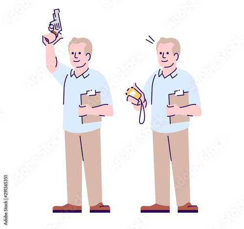 Sports judge flat vector illustration. Referee in running competition. Coach with starting gun, stopwatch, clipboard isolated cartoon character with outline elements on white background