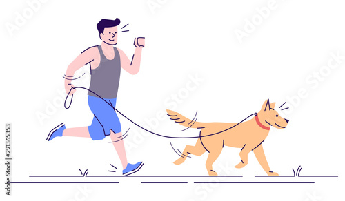 Jogging caucasian man with dog flat vector illustration. Running activity. Healthy lifestyle. Athletic boy on sports training isolated cartoon characters with outline elements on white background
