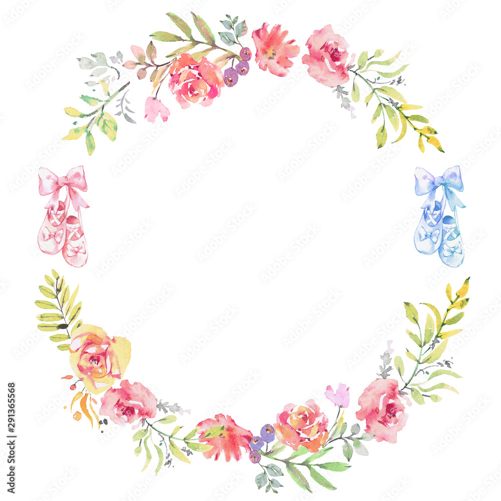 Ballet Theme Watercolor garden roses wreath. and ballet shoes. Round frame with flowers roses, plants, fern and branches. hand drawn illustration