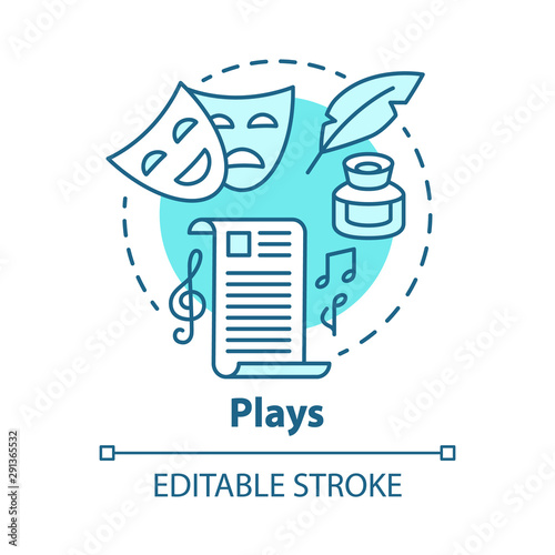 Plays concept icon. Drama theatre & screenplay idea thin line illustration. Theatrical script & musical accompaniment. Classic literature. Vector isolated outline drawing. Editable stroke