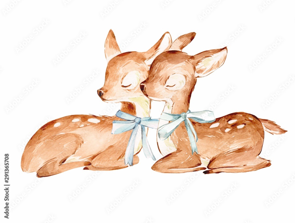Obraz Couple Watercolor Baby Deers over white. Sleeping Baby Deers with the blue ribbons. Isolated.