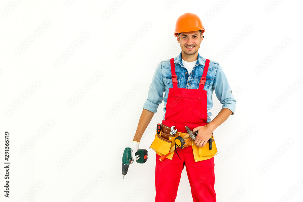 Stock image of male construction worker over white background Stock image of male construction worker over white background