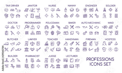 Professions linear big icons set. Occupations items and objects. Career thin line contour symbols collections. Professional workers tools and equipment bundle. Isolated vector outline illustrations photo