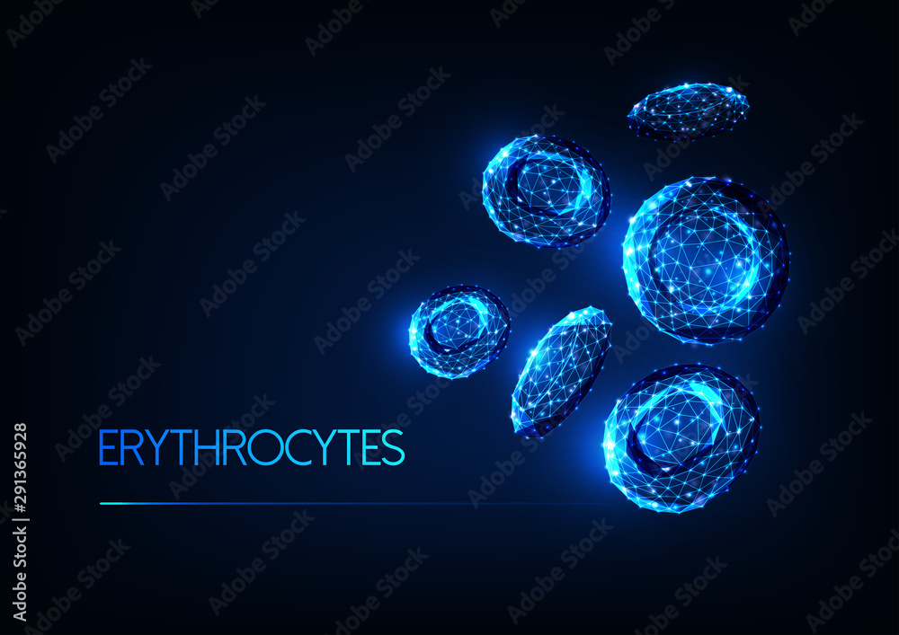Futuristic glowing low polygonal red blood cells erythrocytes isolated on dark blue background. - obrazy, fototapety, plakaty 