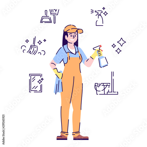 Cleaner flat vector character. Female janitor, housekeeper cartoon illustration with linear icons and outline. Housekeeping, housework chores. Cleaning service worker isolated on white background