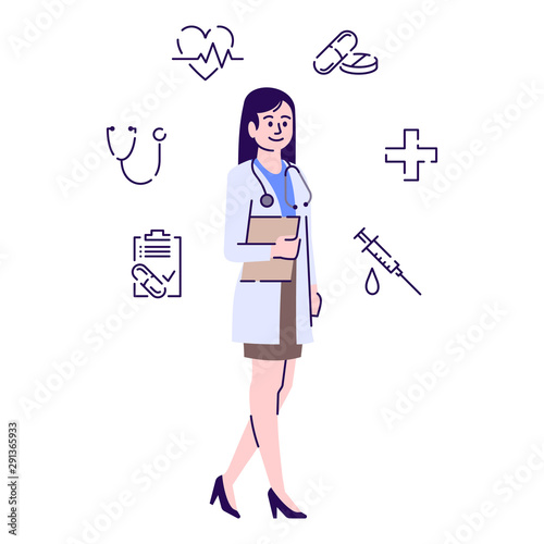 Doctor flat vector character. Therapist, general practitioner with stethoscope and patient card cartoon illustration with icons. Professional medical worker. Female medic, physician isolated on white