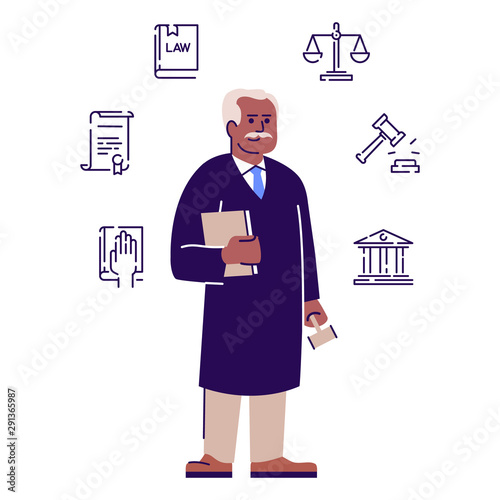 Judge flat vector character. African american senior lawyer, advocate cartoon illustration with outline. Juridical advisor, magistrate Legal consultant, court worker isolated on white and linear icons