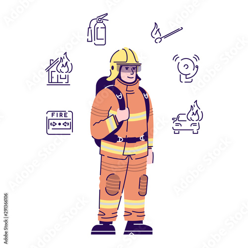 Firefighter flat vector character. Professional fireman in protective uniform cartoon illustration with outline and linear icons. Fire department worker, rescuer isolated on white background