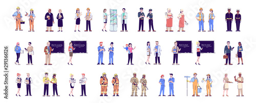 Workers flat vector characters set. Professional staff, labor. Jobs and occupations. Firefighters, soldiers, doctors, cleaners cartoon illustrations. Service industry personnel, employees