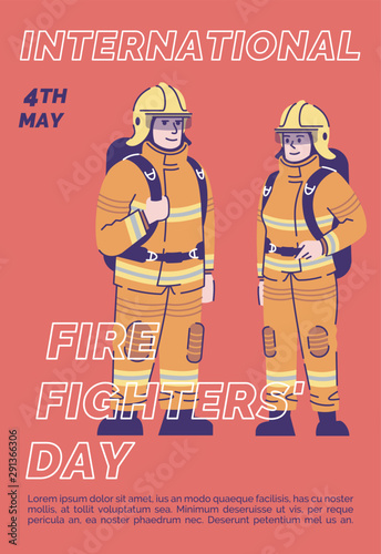International firefighter day poster vector template. Professional holiday celebration. Brochure, cover, booklet page concept design with flat illustrations. Advertising flyer, leaflet, banner layout