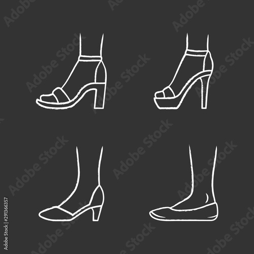 Women formal shoes chalk icons set. Female elegant high heels footwear. Stylish ladies classic pumps, ballerinas, ankle strap sandals, stilettos. Isolated vector chalkboard illustrations
