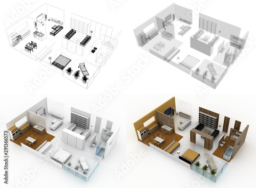Empty home interiors  technical project illustration  original 3d rendering