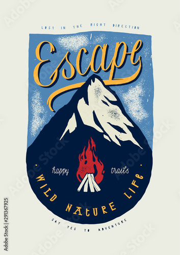 Escape - vintage ice covered mountain summit and a camp fire t-shirt print - silkscreen style vector illustration